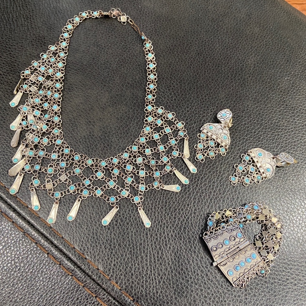 Turquoise and silver necklace, bracelet and earring set